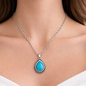 Turquoise Teardrop Pendant Necklace Silver Tone